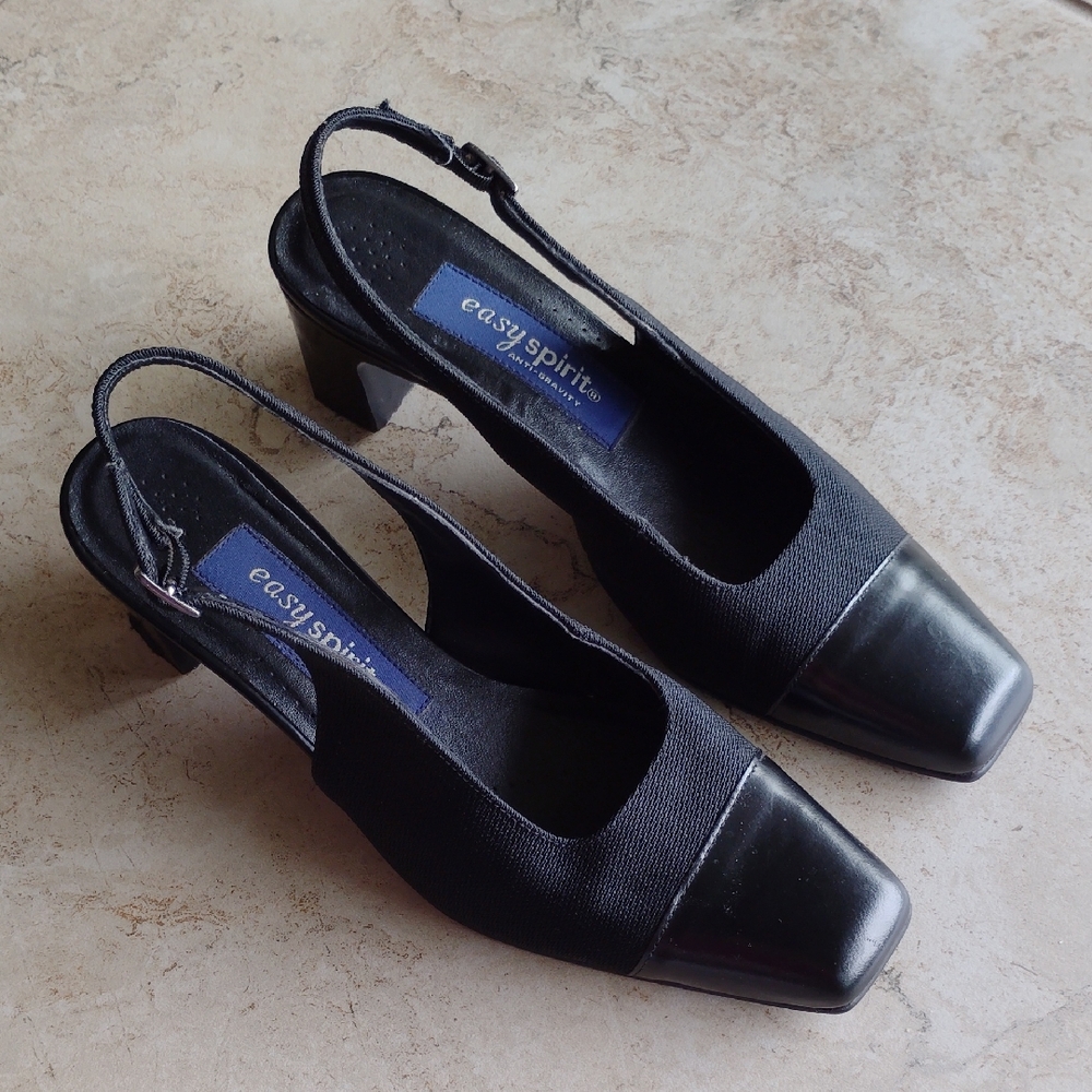 Easy Spirit Black Slingback Heels - Leather & Fabric